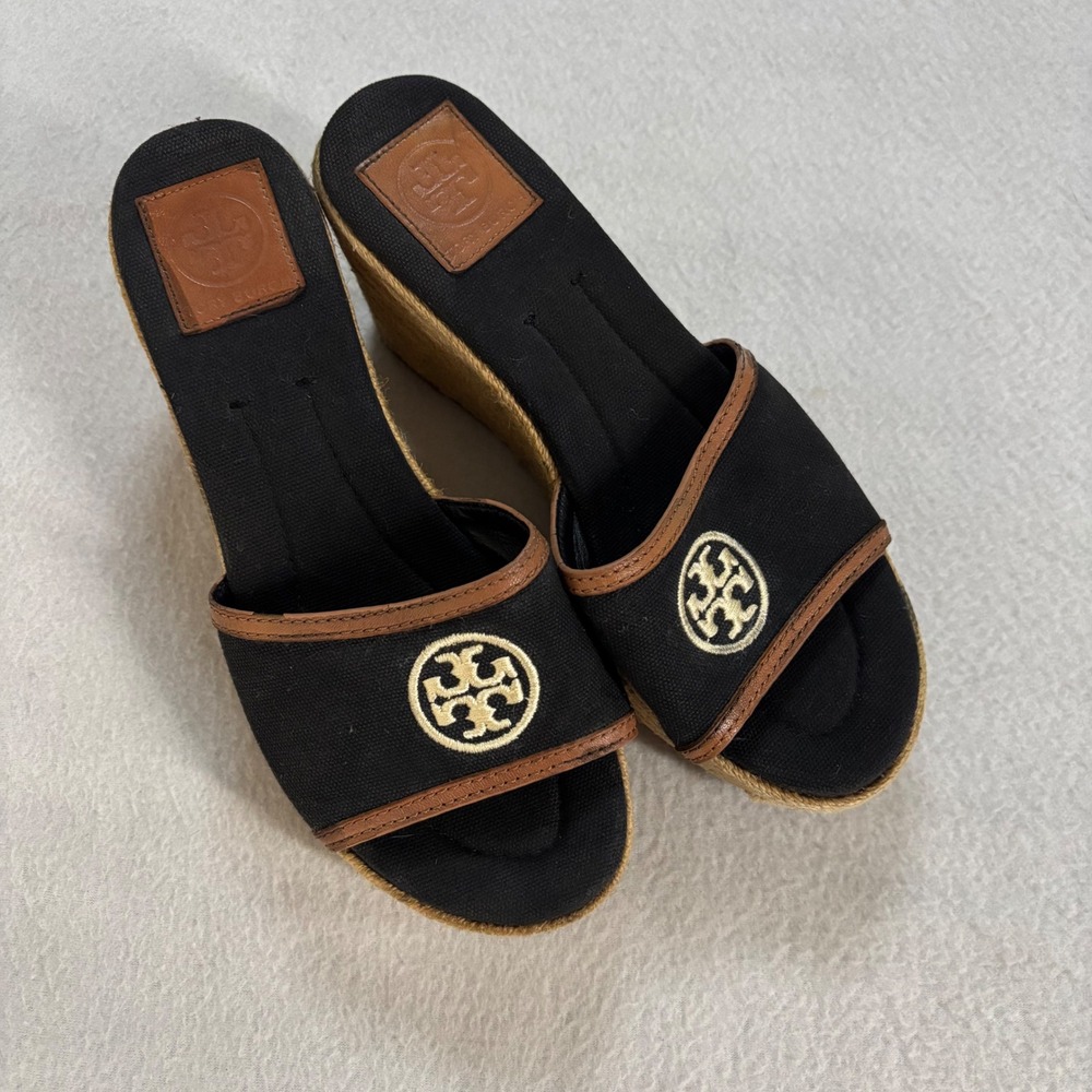 Tory Burch Black Canvas Espadrille Wedge Sandals Logo Slides 6.5